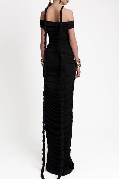 Maisie Off Shoulder Rope Ruched Maxi Dress - Black