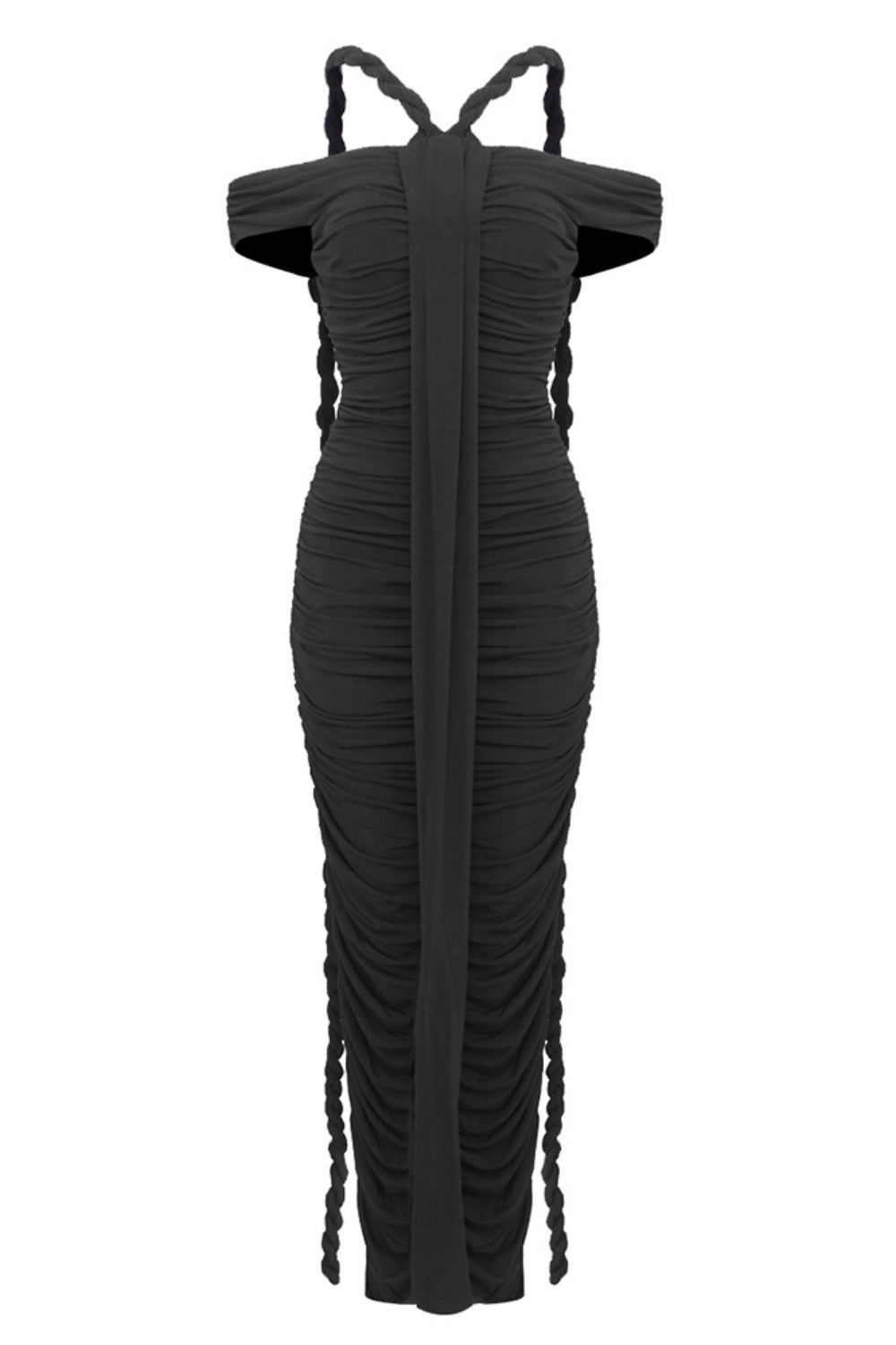Maisie Off Shoulder Rope Ruched Maxi Dress - Black