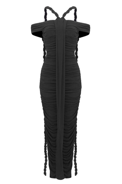 Maisie Off Shoulder Rope Ruched Maxi Dress - Black