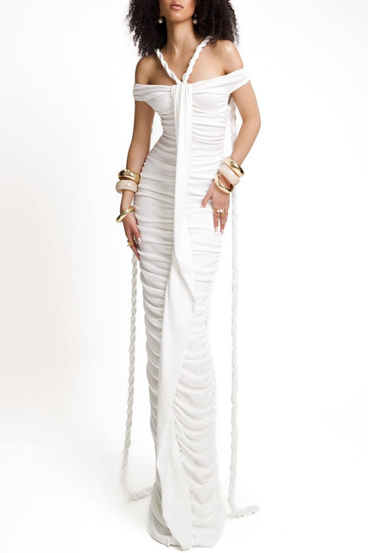 Maisie Off Shoulder Rope Ruched Maxi Dress - White