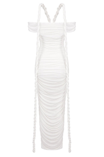 Maisie Off Shoulder Rope Ruched Maxi Dress - White