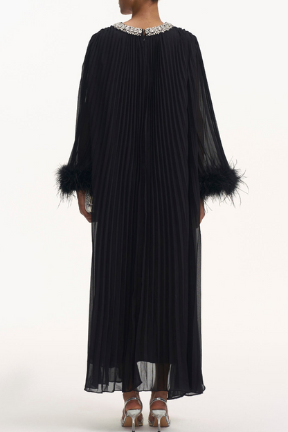 Manja Diamante Chiffon Feather Maxi Dress - Black