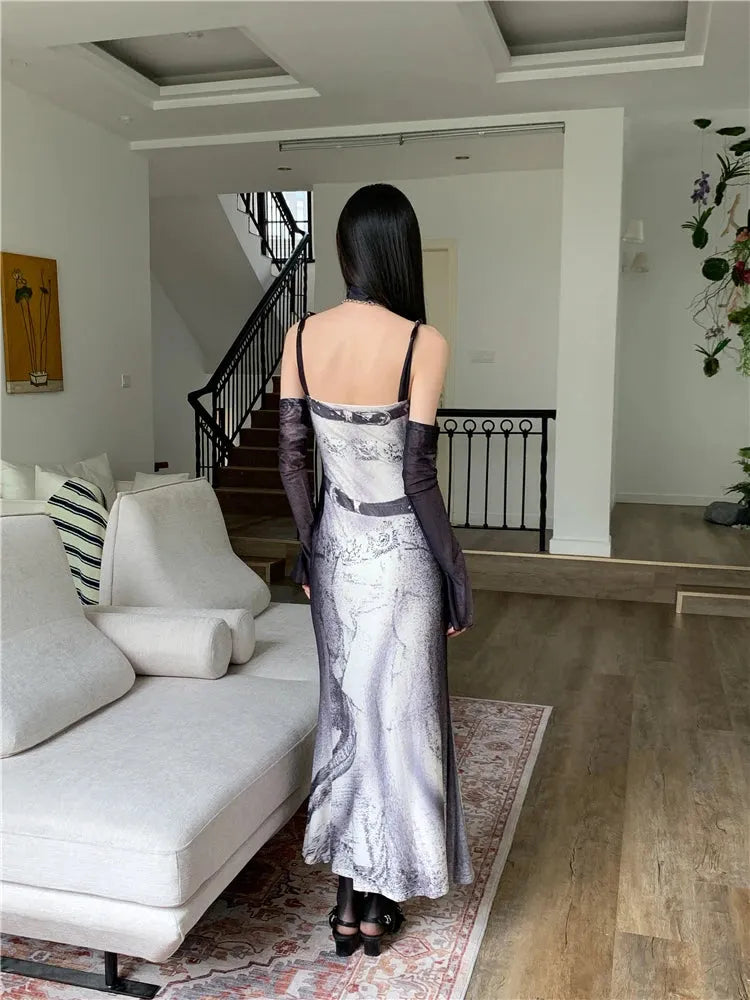 Abstract Marble Print Scoop Neck Mermaid Maxi Dress