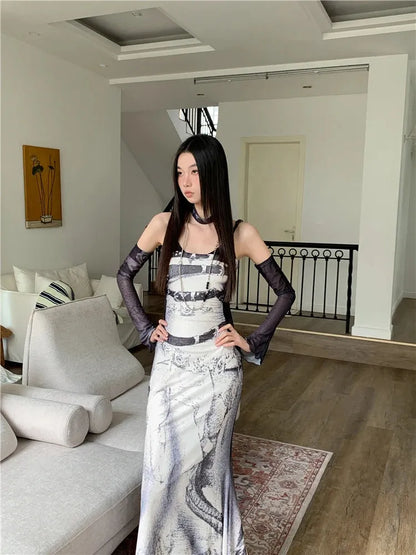 Abstract Marble Print Scoop Neck Mermaid Maxi Dress
