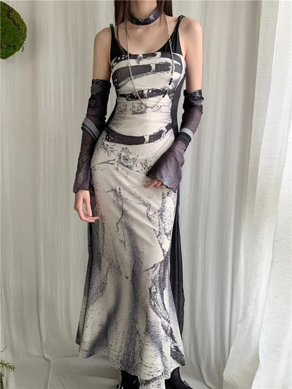 Abstract Marble Print Scoop Neck Mermaid Maxi Dress