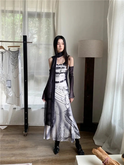 Abstract Marble Print Scoop Neck Mermaid Maxi Dress
