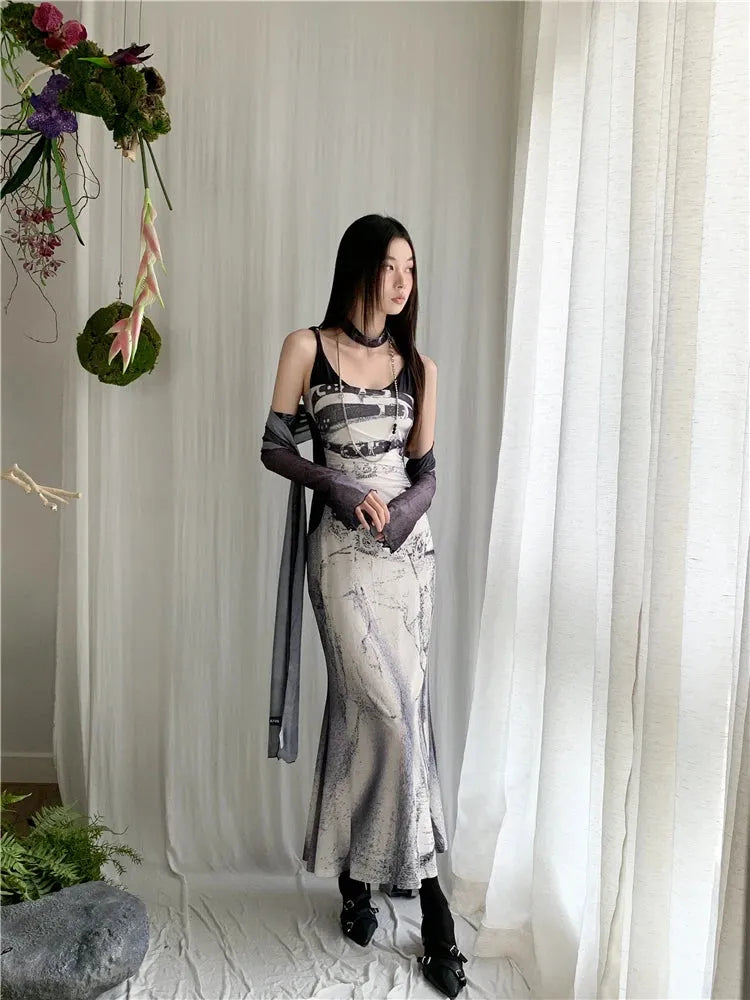 Abstract Marble Print Scoop Neck Mermaid Maxi Dress