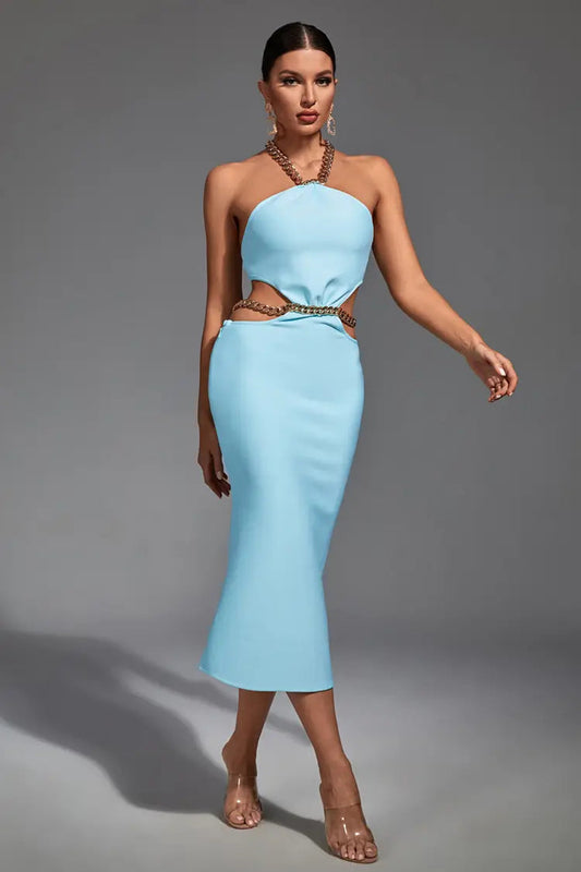 Margaret Blue Cutout Halterneck  Midi Dress