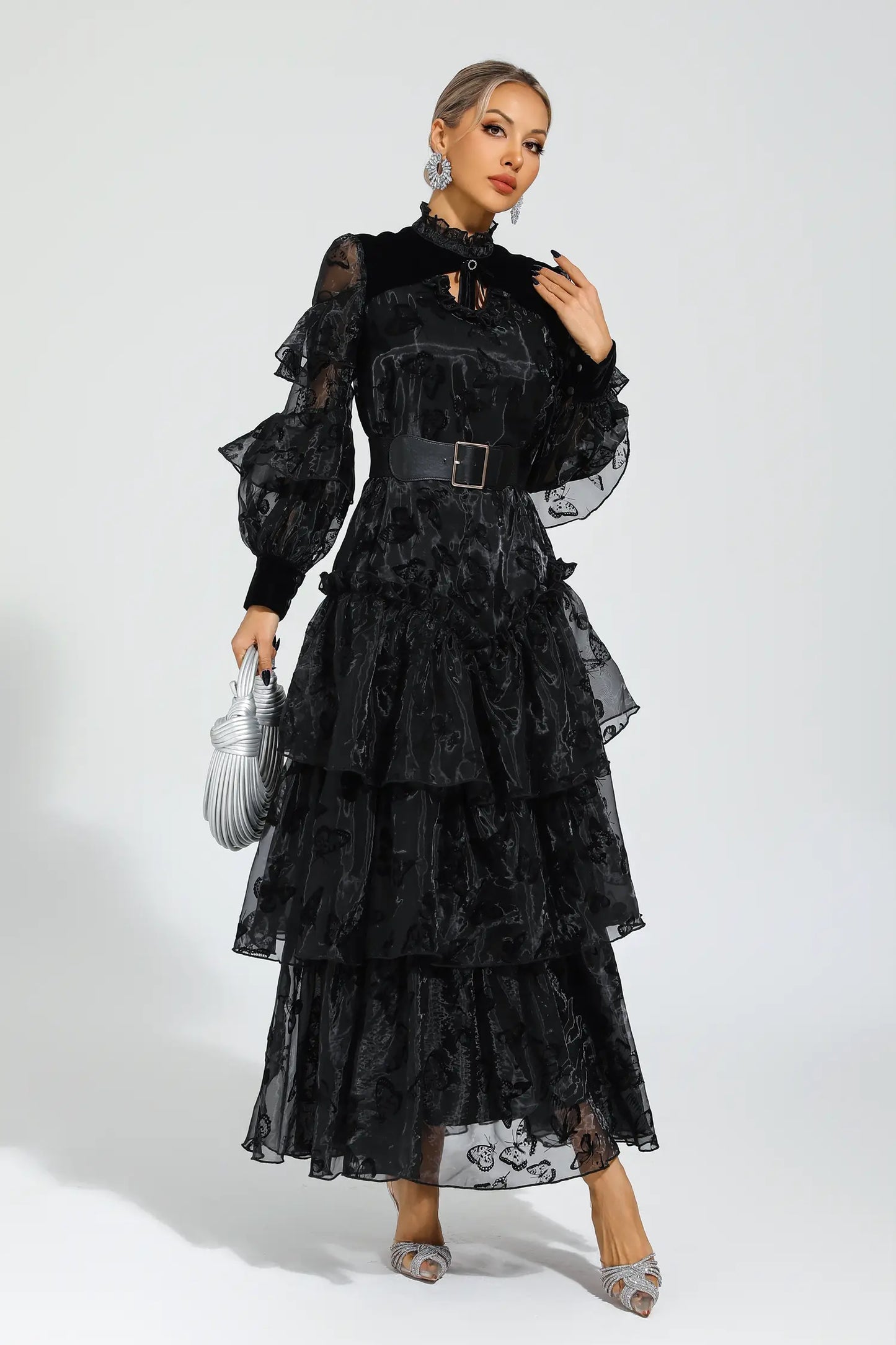 Marigold Black Belted Mesh Dress