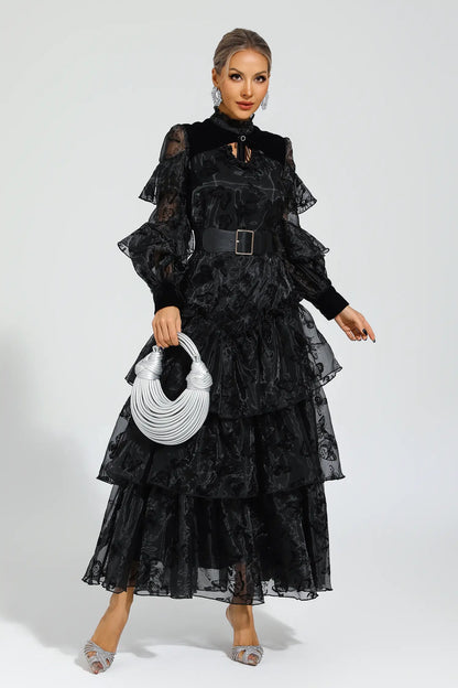 Marigold Black Belted Mesh Dress