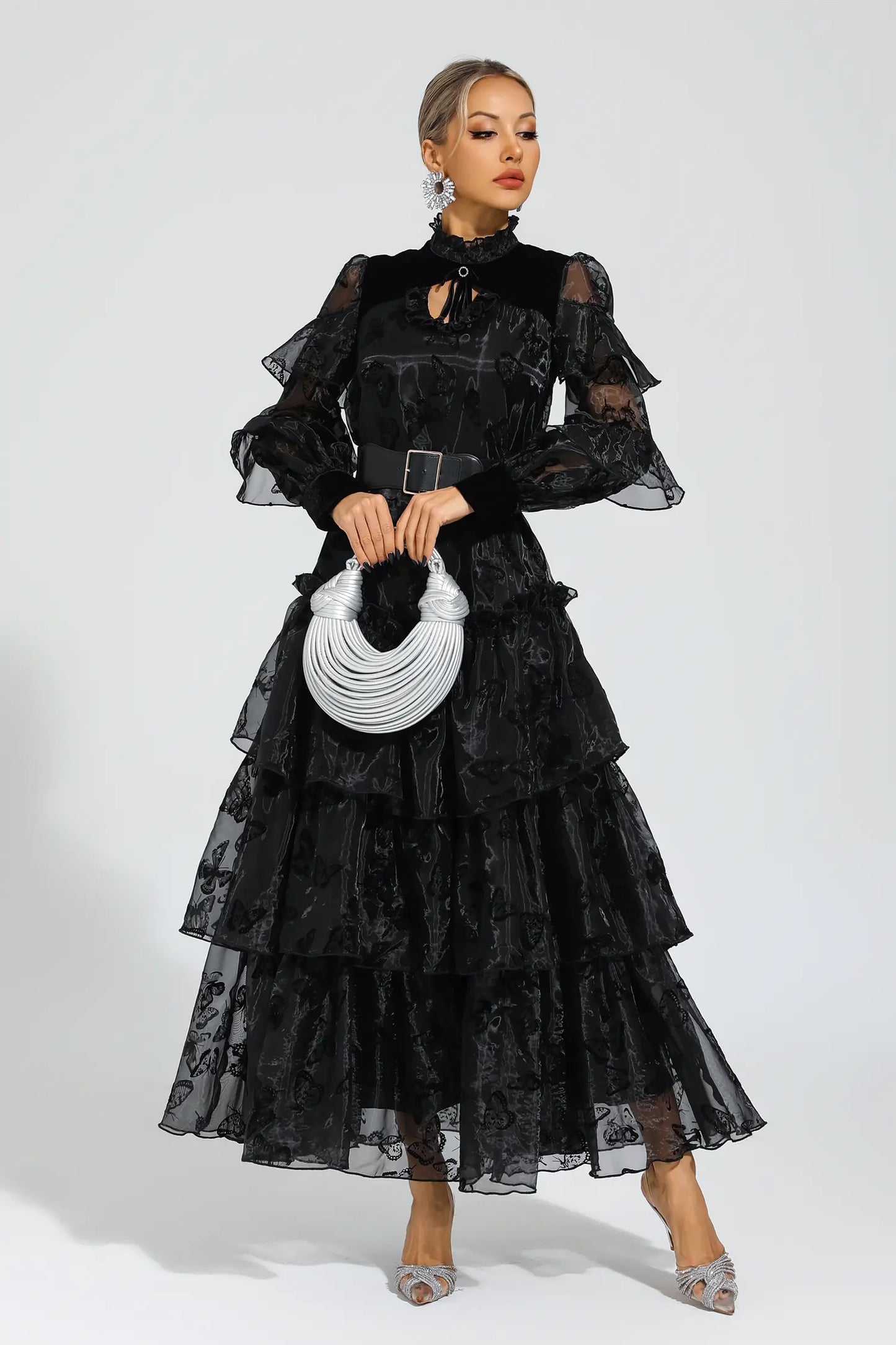 Marigold Black Belted Mesh Dress