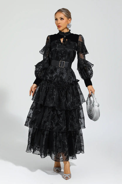 Marigold Black Belted Mesh Dress