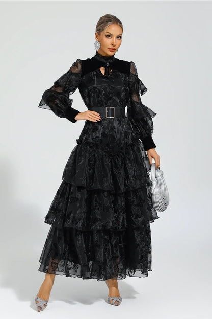 Marigold Black Belted Mesh Dress