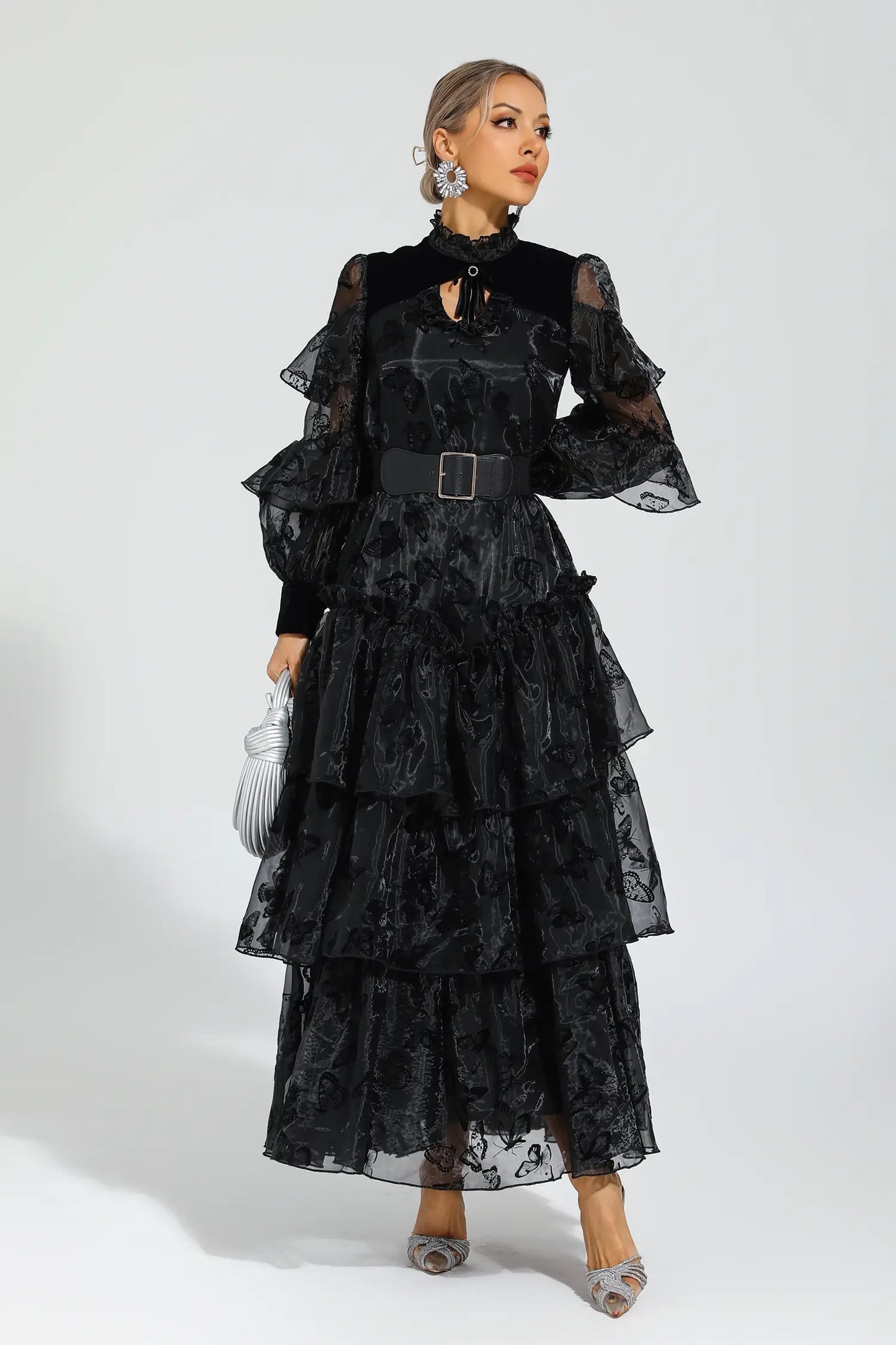 Marigold Black Belted Mesh Dress