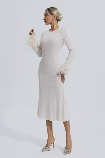 Marilyn Apricot Feather Cuffs Sequin Dress