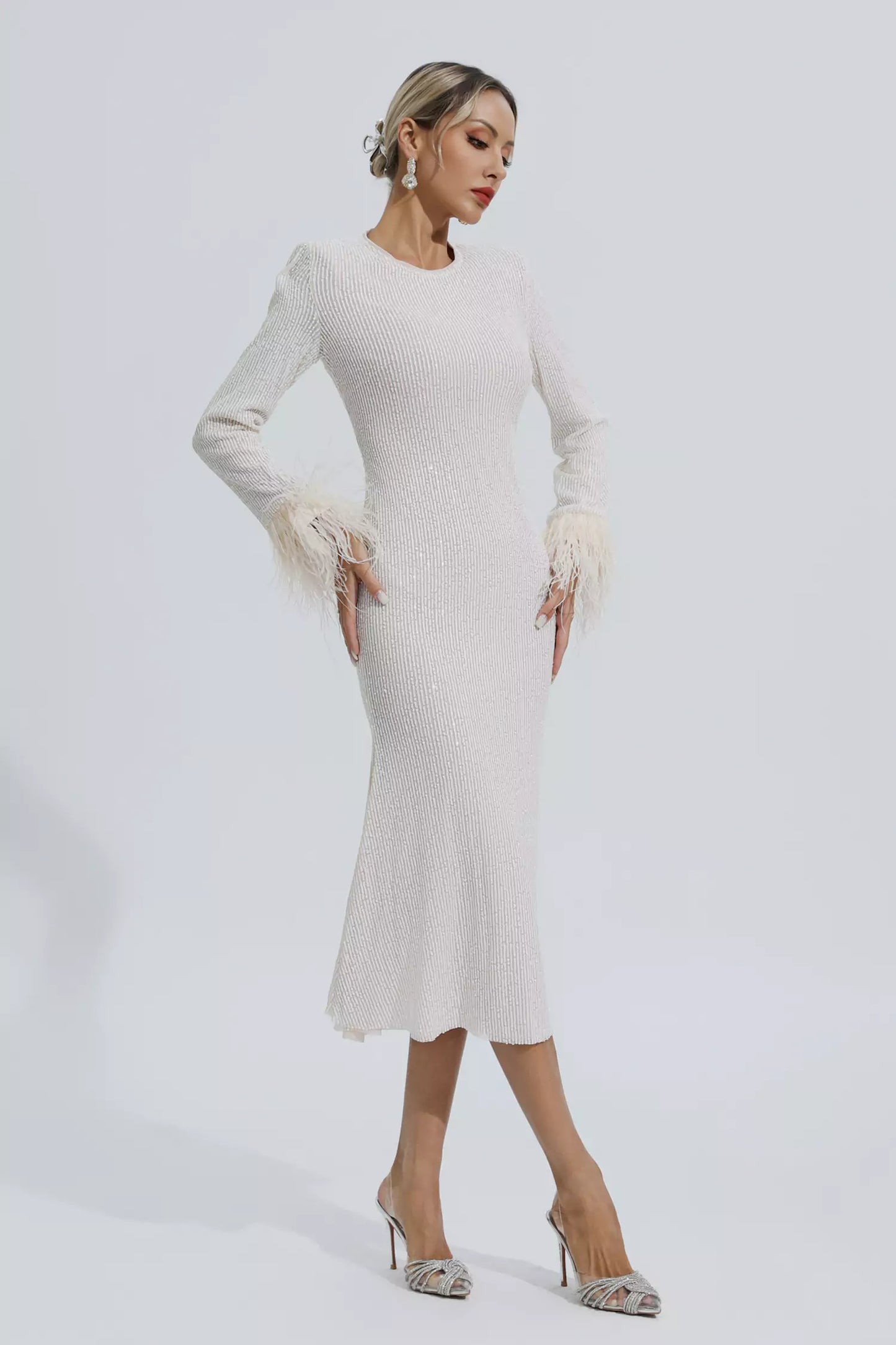 Marilyn Apricot Feather Cuffs Sequin Dress