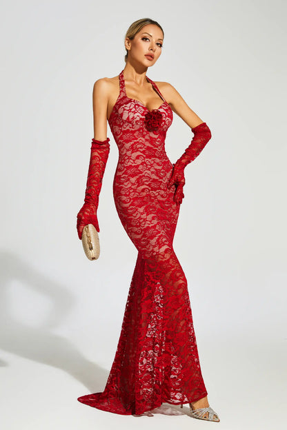 Marjorie Red Rose Lace Halter Maxi Dress