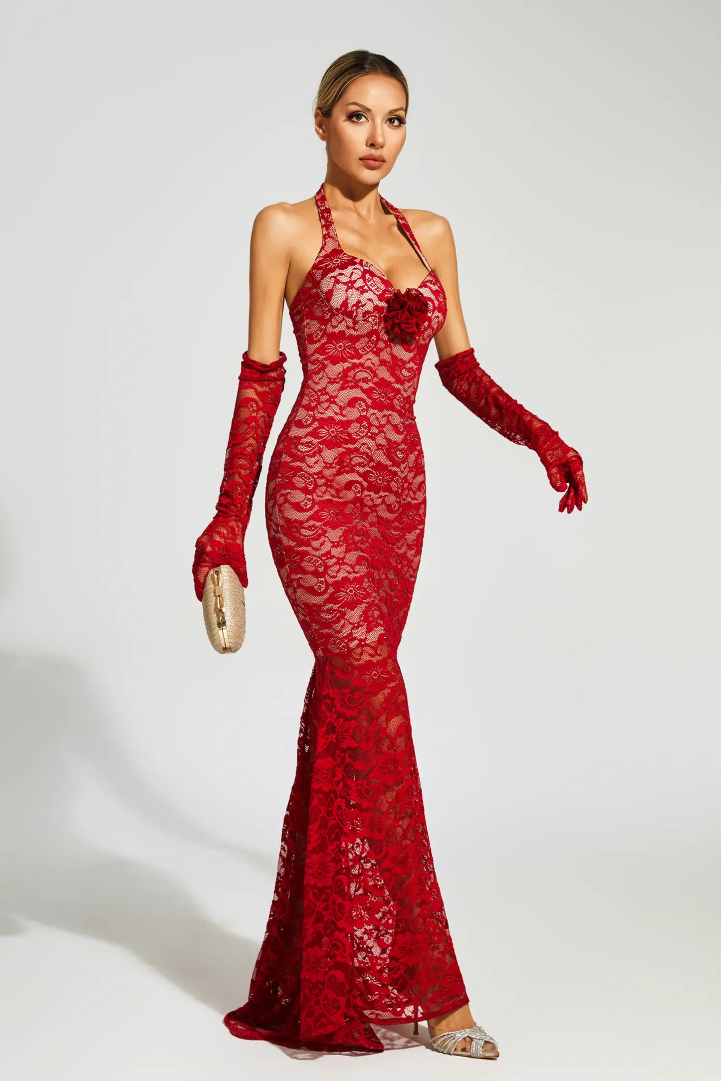 Marjorie Red Rose Lace Halter Maxi Dress