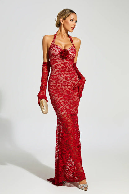 Marjorie Red Rose Lace Halter Maxi Dress