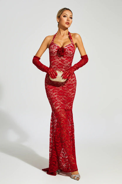 Marjorie Red Rose Lace Halter Maxi Dress