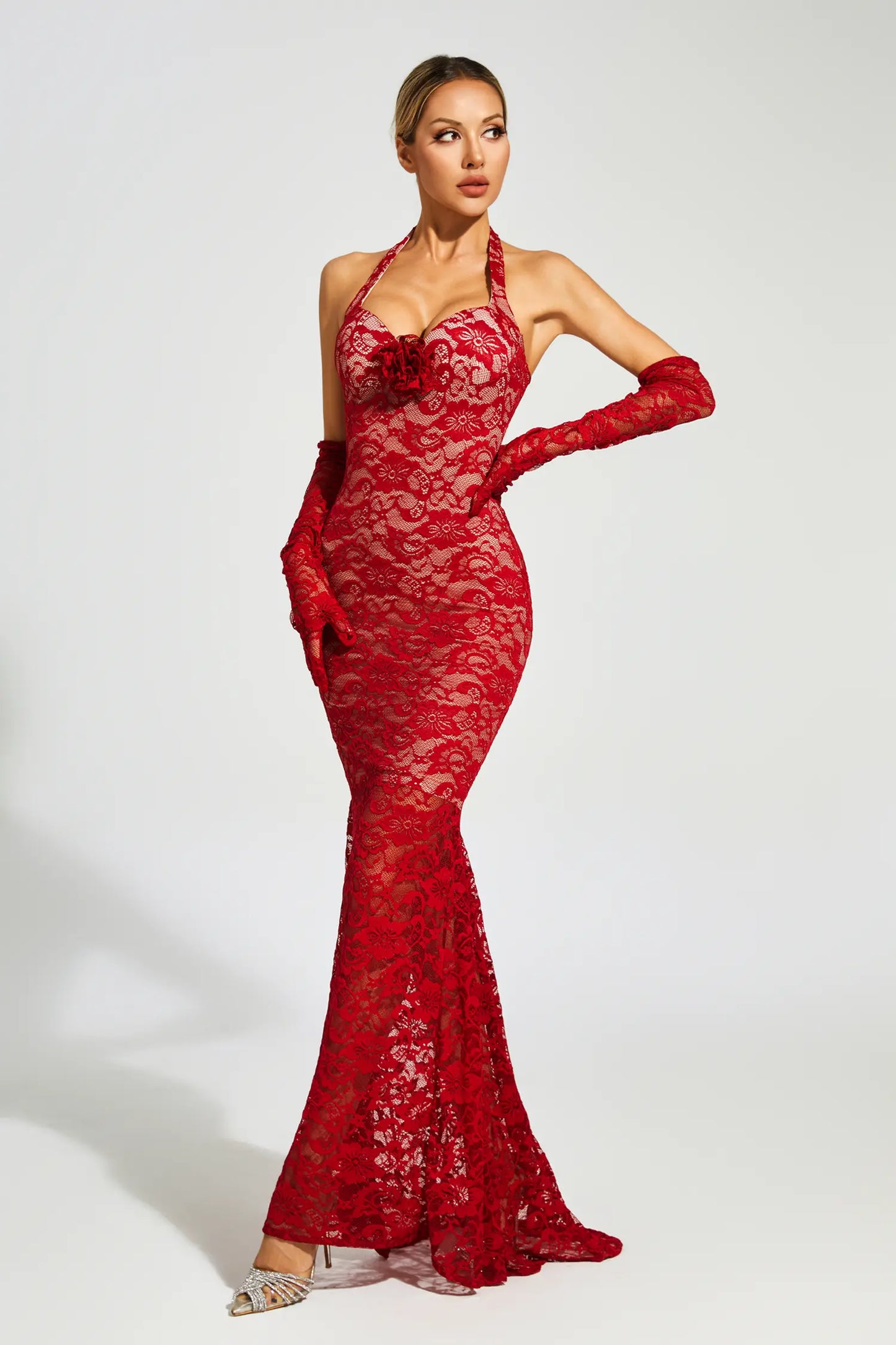 Marjorie Red Rose Lace Halter Maxi Dress