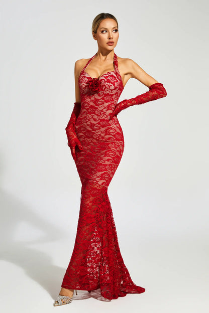 Marjorie Red Rose Lace Halter Maxi Dress