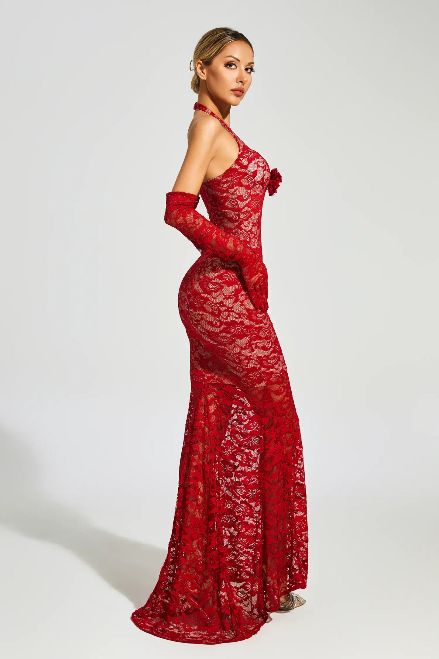 Marjorie Red Rose Lace Halter Maxi Dress