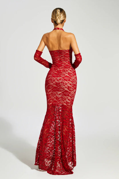 Marjorie Red Rose Lace Halter Maxi Dress