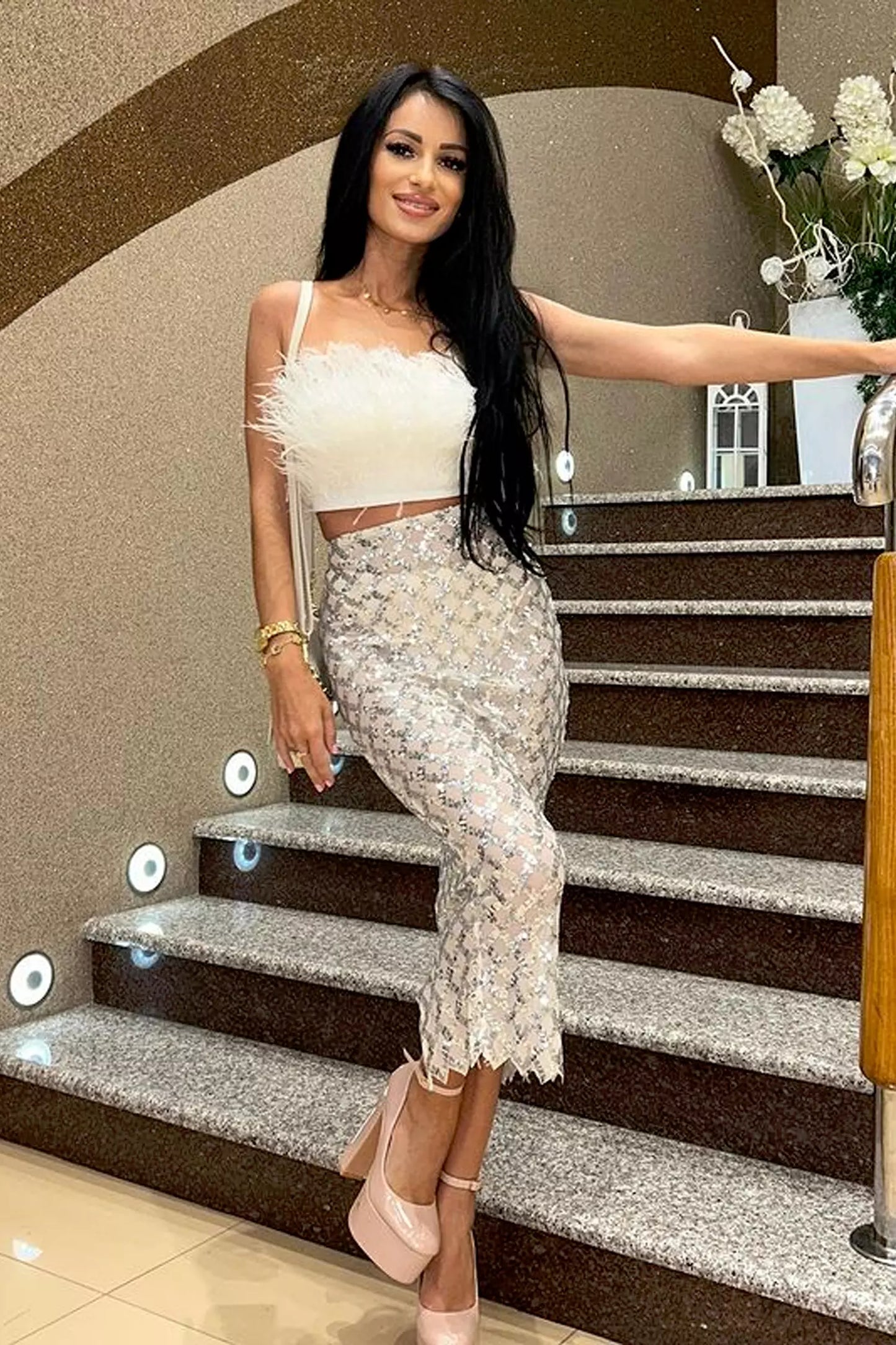 Blake Sequin Feather Bandage Set-White