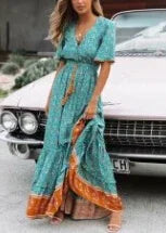 Maxi Dresses for Women Cotton Rayon Blue Floral Print Deep V-neck Boho Summer Dress
