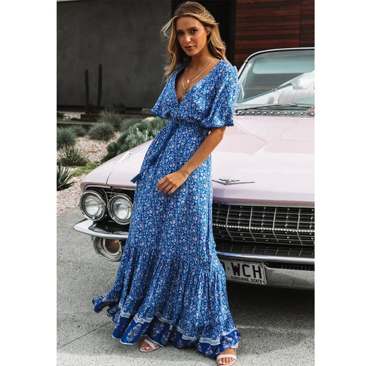 Maxi Dresses for Women Cotton Rayon Blue Floral Print Deep V-neck Boho Summer Dress