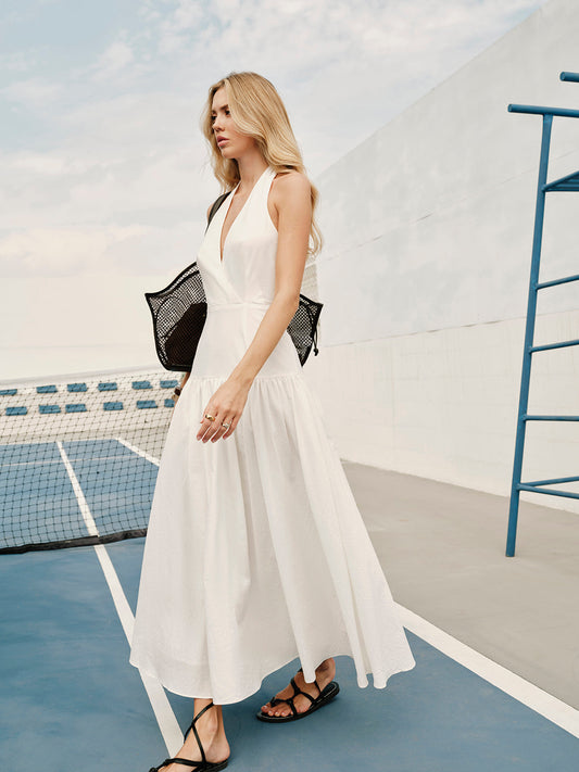 Maxi Cotton Halter Dress with V-Neck and Open Back – Elegant Summer Women's Dress