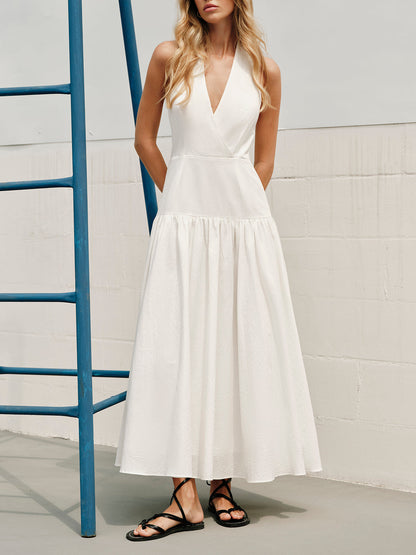 Maxi Cotton Halter Dress with V-Neck and Open Back – Elegant Summer Women's Dress