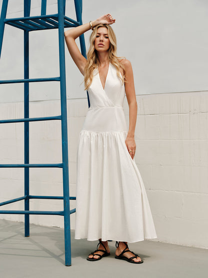 Maxi Cotton Halter Dress with V-Neck and Open Back – Elegant Summer Women's Dress