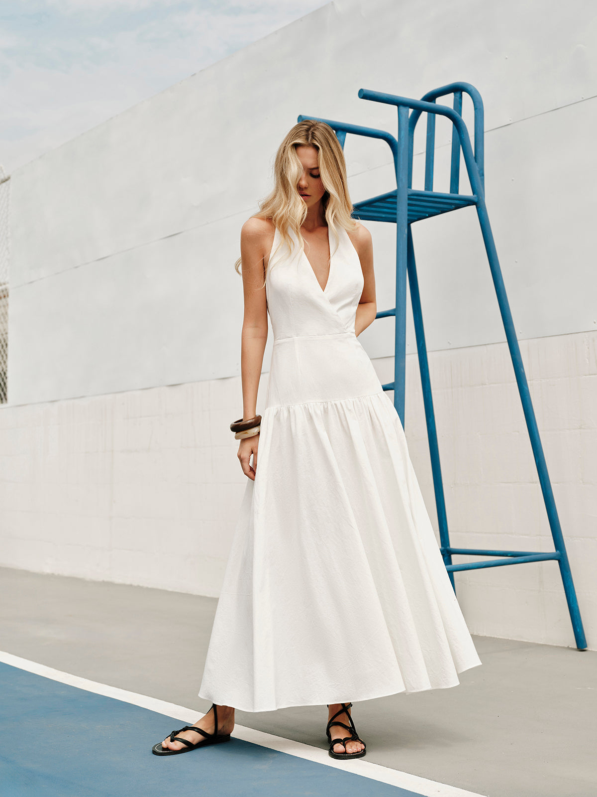 Maxi Cotton Halter Dress with V-Neck and Open Back – Elegant Summer Women's Dress