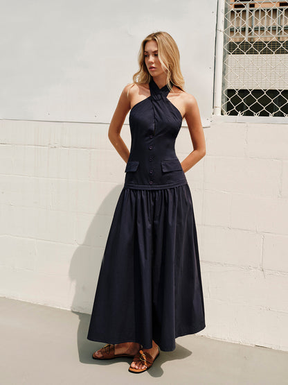 Maxi Cotton Summer Dress with Halter Neck Design and Pockets – Elegant and Comfortable