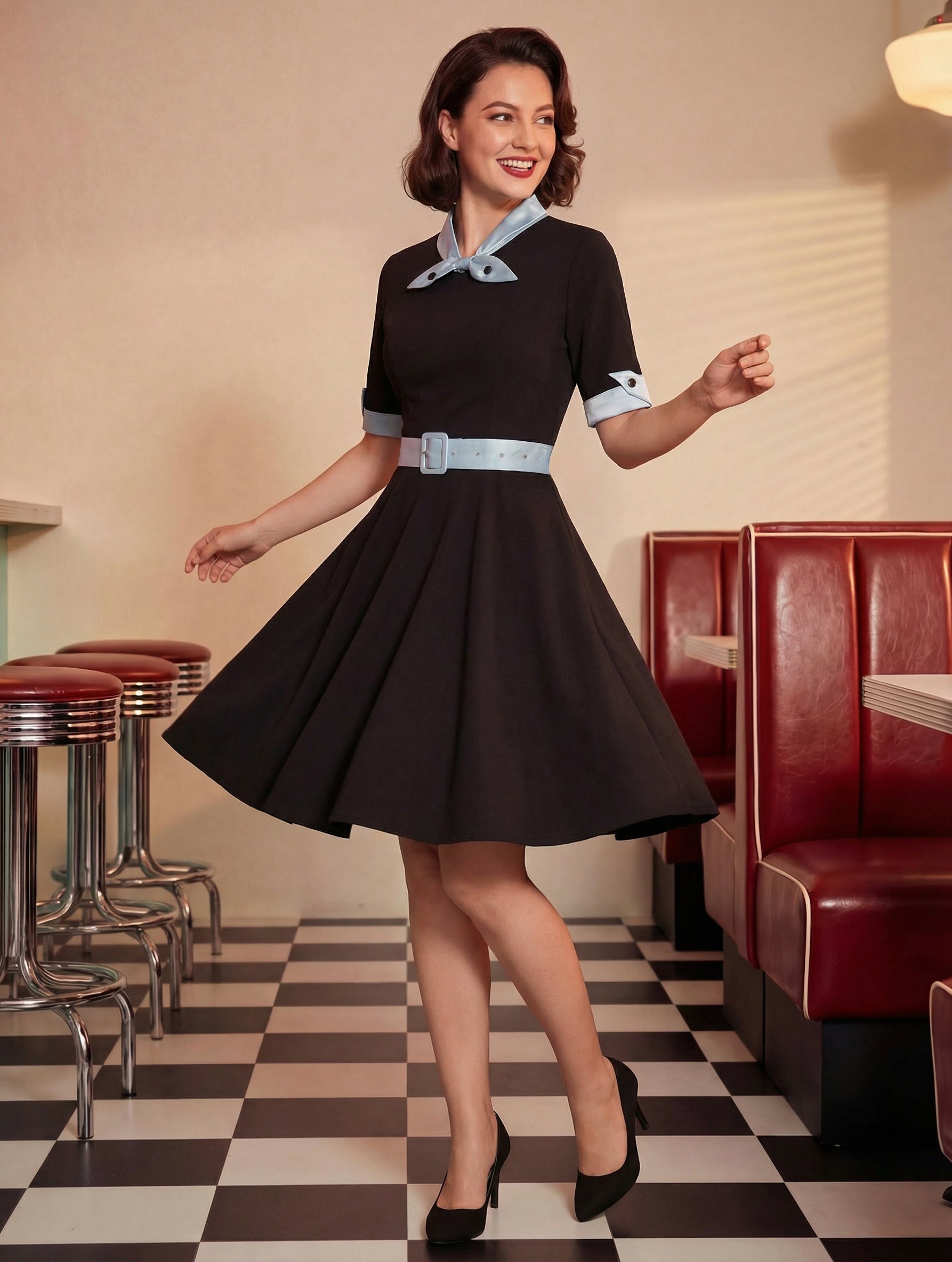 Vintage Dress 1950s Yellow Two-Tone Bows Short Sleeves Embellished Collar Medium Swing Dress