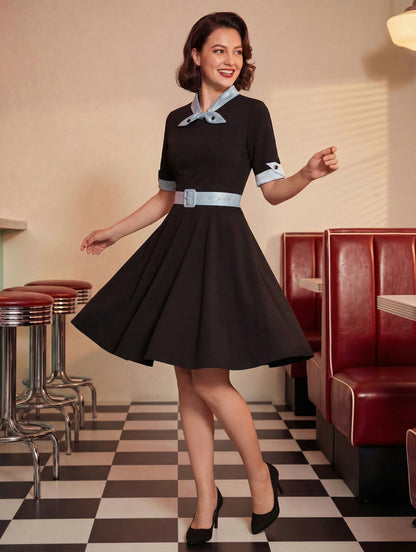 Vintage Dress 1950s Yellow Two-Tone Bows Short Sleeves Embellished Collar Medium Swing Dress