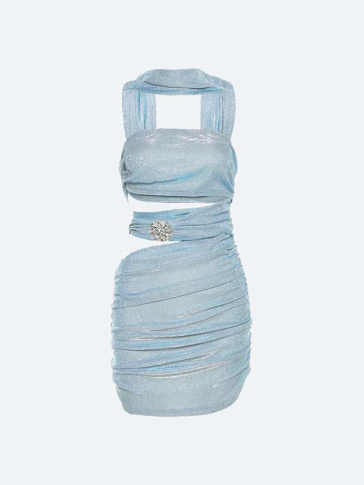 Glitter Strapless Choker Neck Ruched Brooch Two-Piece Set
