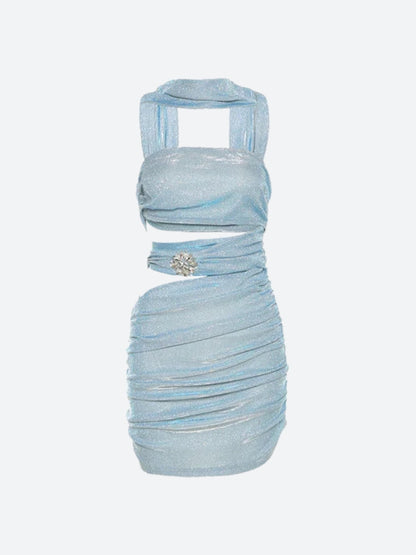 Glitter Strapless Choker Neck Ruched Brooch Two-Piece Set