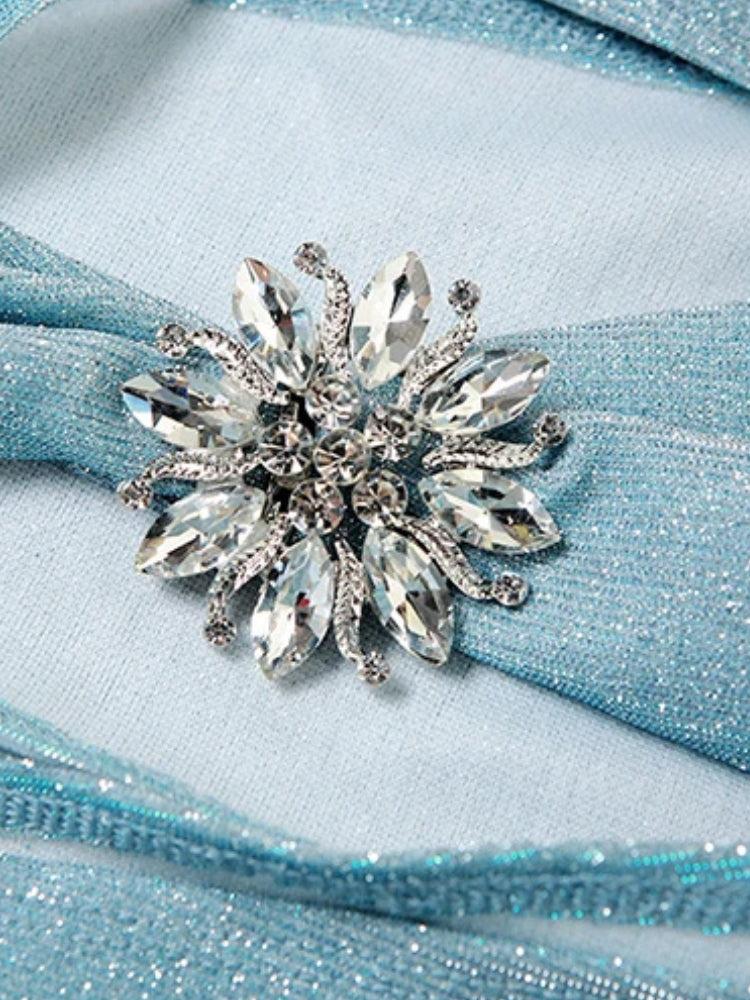 Glitter Strapless Choker Neck Ruched Brooch Two-Piece Set