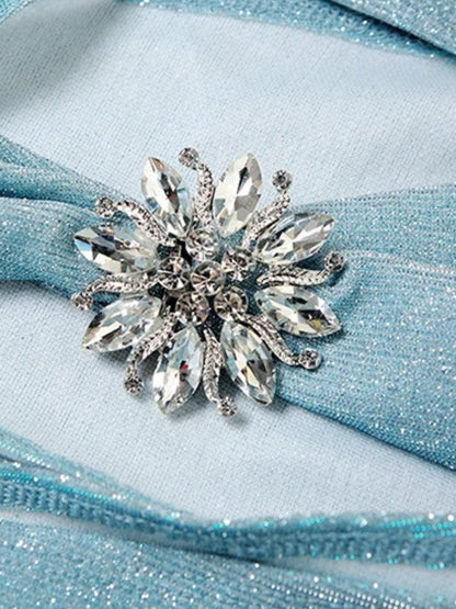 Glitter Strapless Choker Neck Ruched Brooch Two-Piece Set