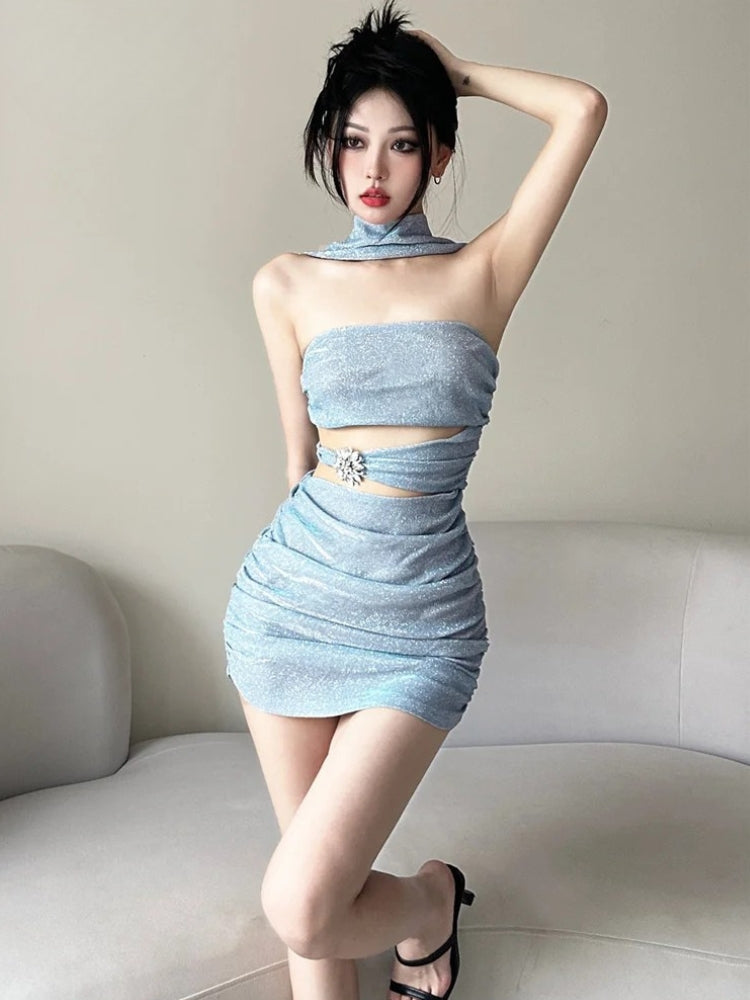 Glitter Strapless Choker Neck Ruched Brooch Two-Piece Set