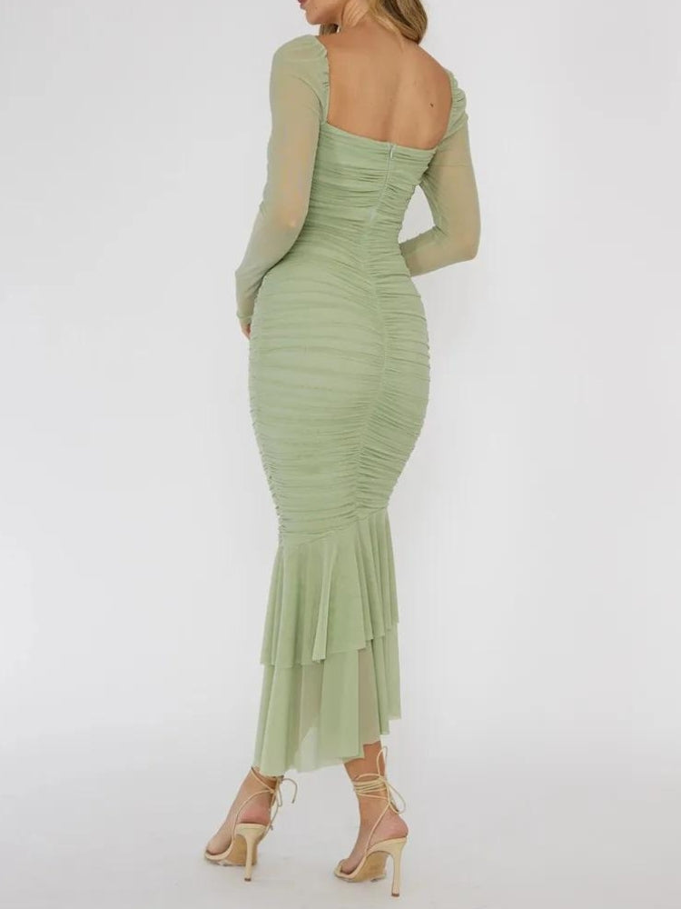 Sweetheart Cutout Ruched Sheer Sleeve Mermaid Tiered Flounce Midi Dress