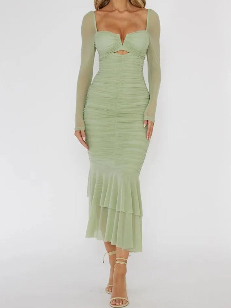 Sweetheart Cutout Ruched Sheer Sleeve Mermaid Tiered Flounce Midi Dress