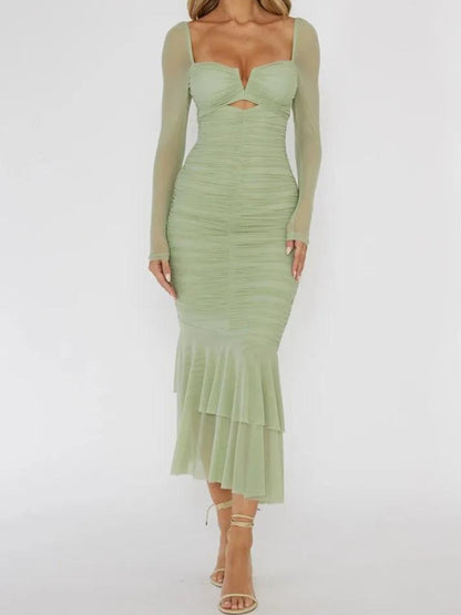 Sweetheart Cutout Ruched Sheer Sleeve Mermaid Tiered Flounce Midi Dress
