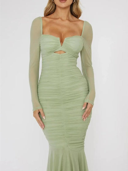 Sweetheart Cutout Ruched Sheer Sleeve Mermaid Tiered Flounce Midi Dress