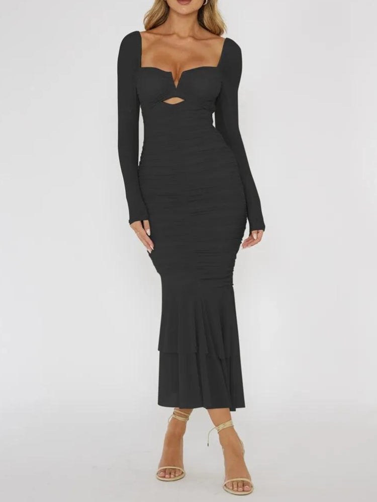 Sweetheart Cutout Ruched Sheer Sleeve Mermaid Tiered Flounce Midi Dress