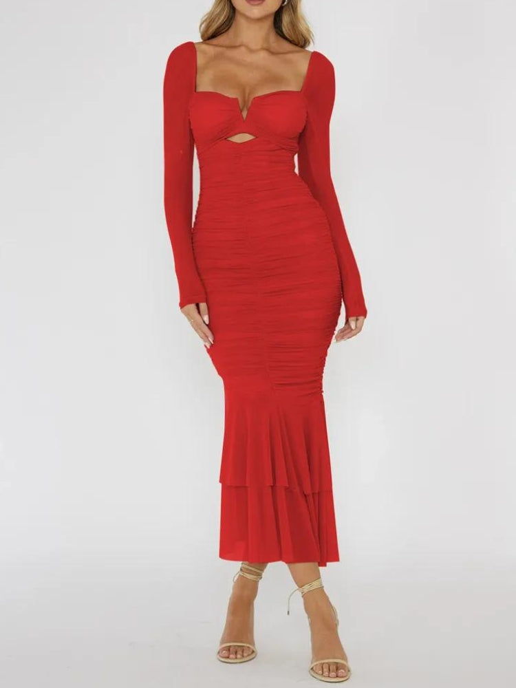 Sweetheart Cutout Ruched Sheer Sleeve Mermaid Tiered Flounce Midi Dress