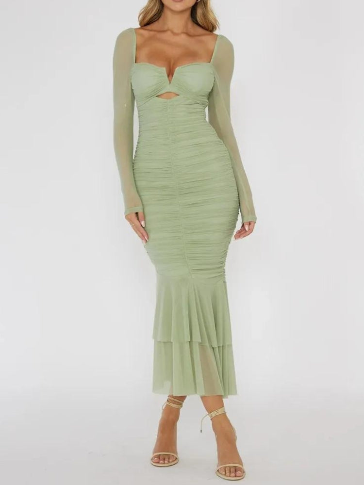 Sweetheart Cutout Ruched Sheer Sleeve Mermaid Tiered Flounce Midi Dress